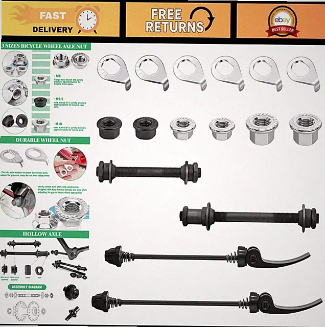 16Pcs Bicycle Hub Axle Nut & Safety Washer Kit, Quick Release Skewer, MTB/Road B